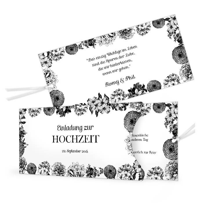 Hochzeitseinladung als Einsteckkarte mit Blumen in Schwarz