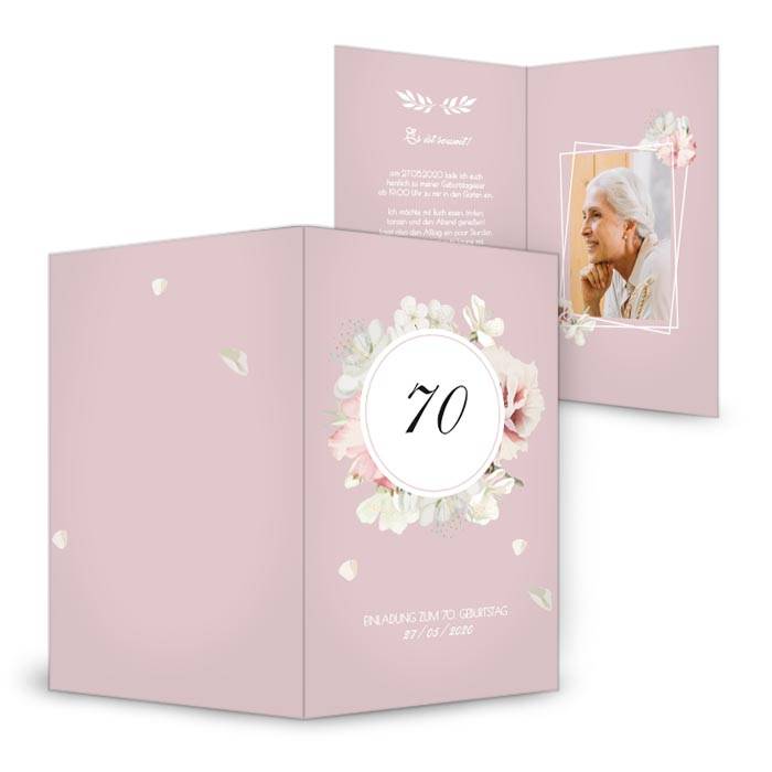 Einladungskarte zum 70. Geburstag in Rosa mit Blütenkranz
