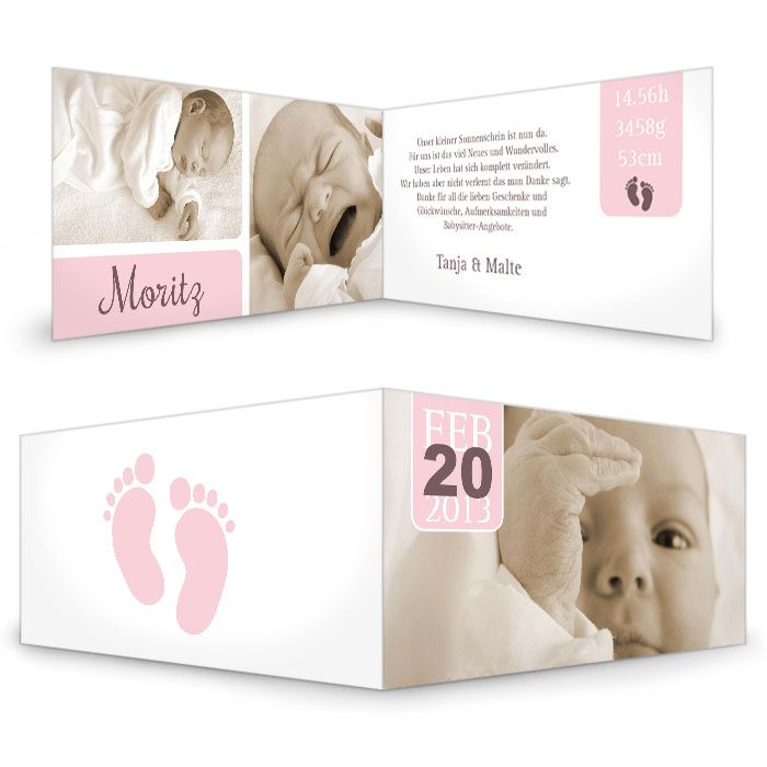 Moderne Geburtskarte in Rosa mit Fußabdrücken und Fotos
