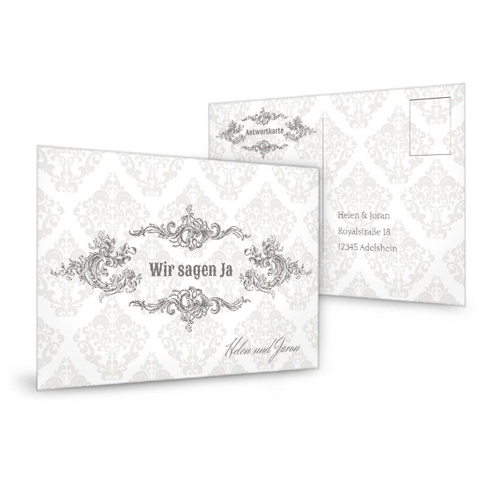 Elegante Antwortkarte zur Hochzeitseinladung in Grau