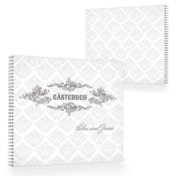 Gästebuch zur Hochzeit mit barocken Ornamenten in Grau