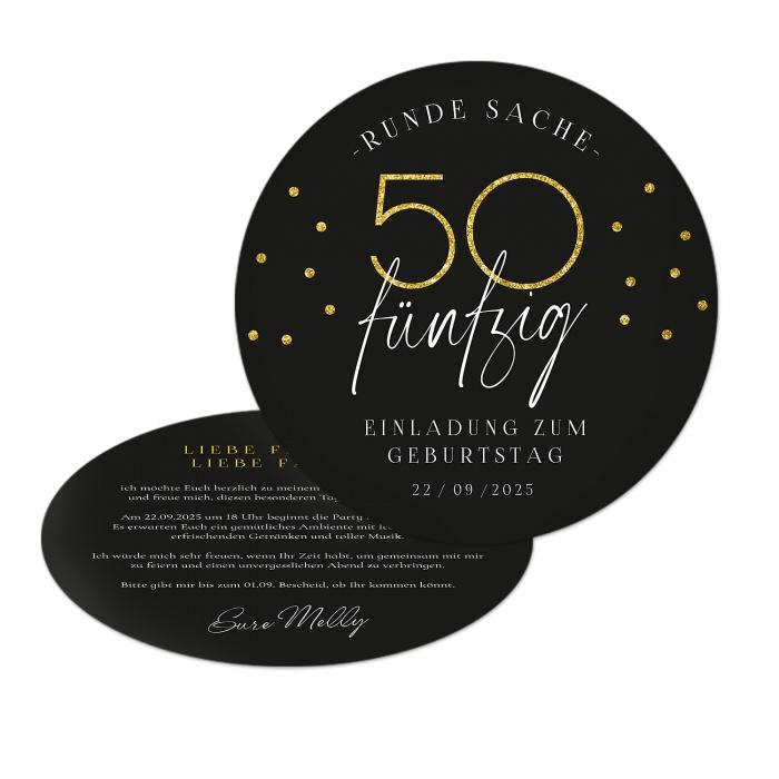 Runde Einladung zum 50. Geburtstag in Schwarz mit Gold