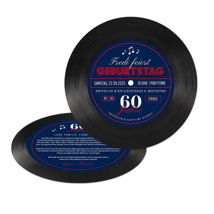 Runde Einladungskarten zum 60. Geburtstag als Vinyl Schallplatte