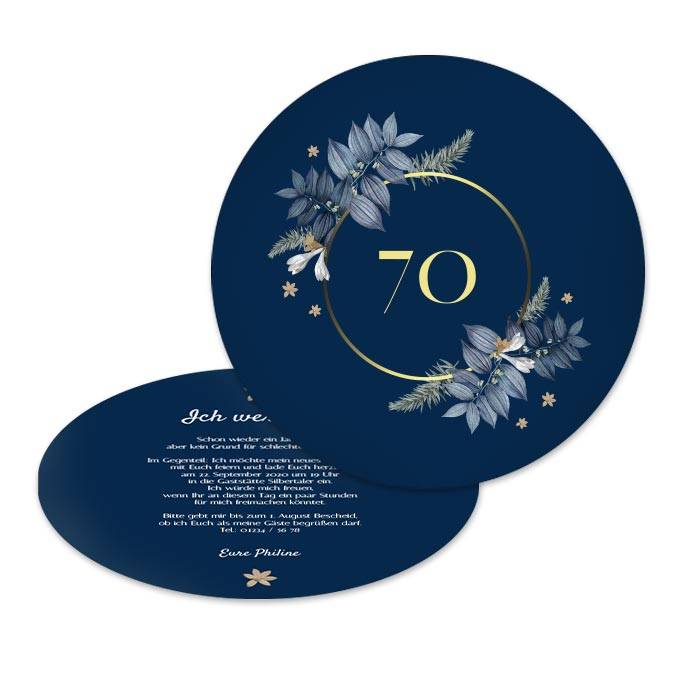 Elegante Einladung zum 70. Geburtstag in Blau mit Blumen