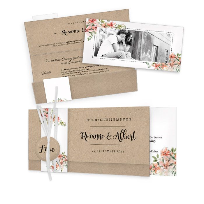 Hochzeitseinladung in Kraftpapieroptik mit Aquarellblumen