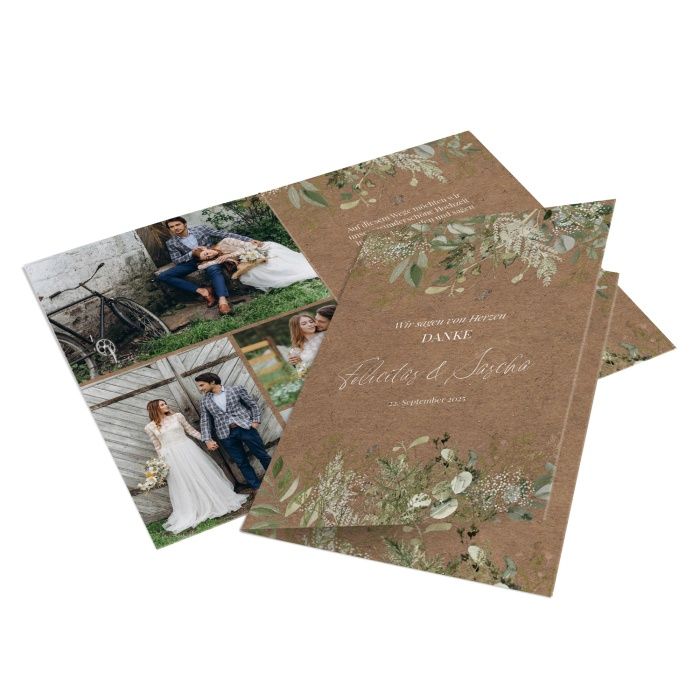 Rustikale Danksagungskarte zur Hochzeit im Greenery Stil mit Kraftpapieroptik