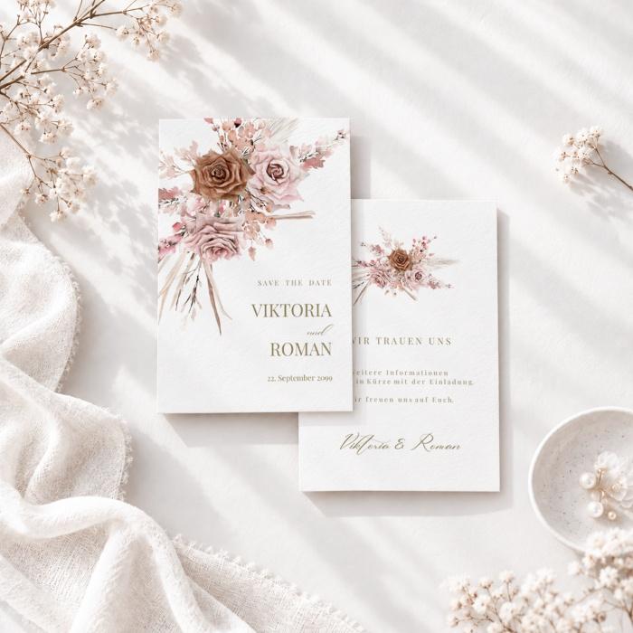 Romantische Save the Date Karte im Boho Stil mit Rosen