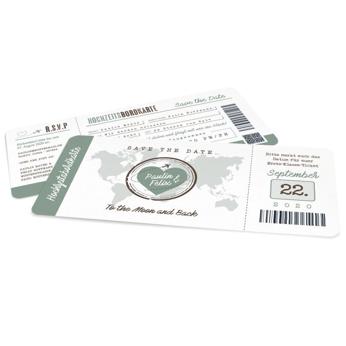 Save the Date Karte im Boarding Pass Design als Flugticket in Grün