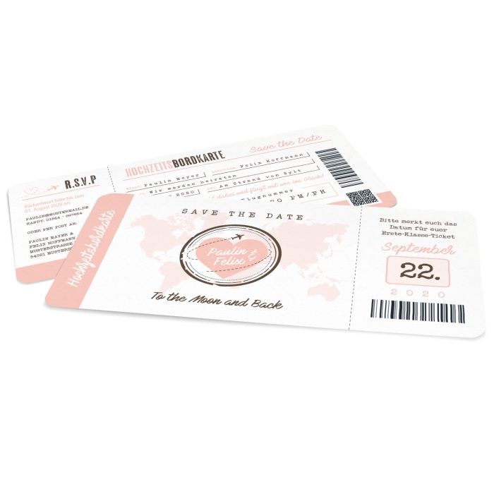 Save-the-Date Karte im Boarding Pass Design als Flugticket