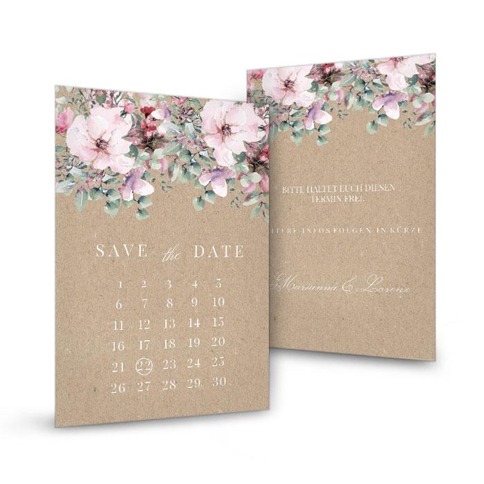 Save the Date Karte in Kraftpapieroptik mit Aquarellblumen und Eukalyptus