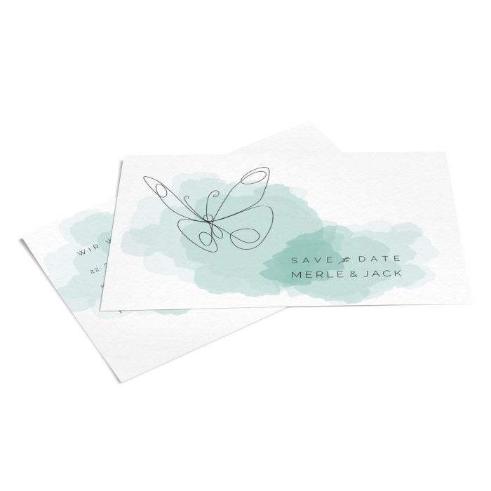 Save the Date Karte mit elegantem Lineart Schmetterling in Grün