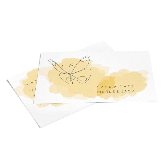 Save the Date Karte mit elegantem Lineart Schmetterling in sommerlichem Gelb