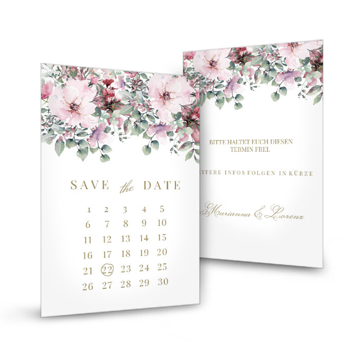 Save the Date Karte mit Rosa Aquarellblumen, Eukalyptus und Kalenderblatt