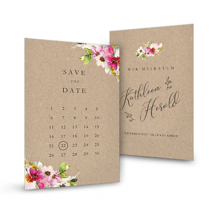 Save the Date Karte mit bunten Blumen und Kalenderblatt