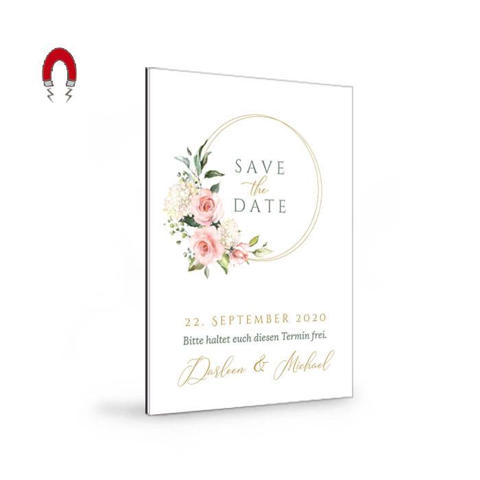 Save-the-Date-Magnetkarte mit Goldreif und Rosen in Rosa