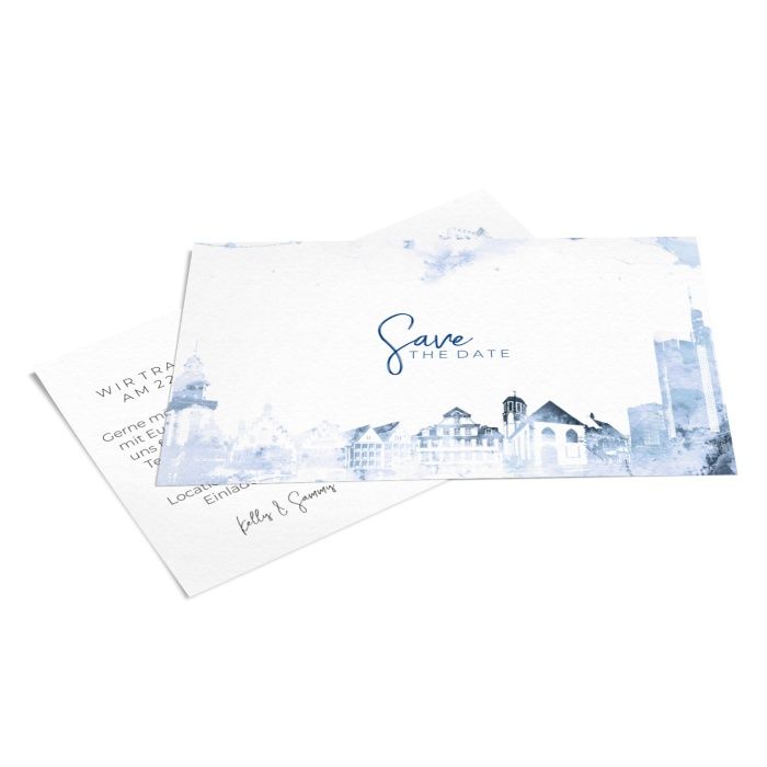 Save the Date Postkarte mit Skylinedesign von Frankfurt