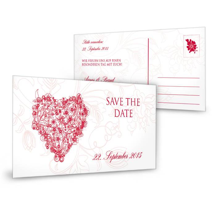 Romantische Save the Date Karte in Rot mit floralem Herz