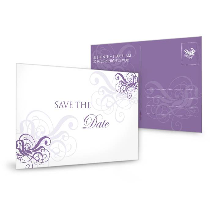 Save-the-Date-Karte zur Hochzeit in Lila mit Schnörkeln