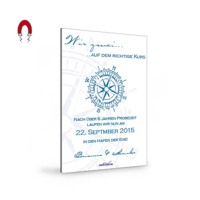 Maritime Save-the-Date-Karte als Magnet mit Kompass in Blau