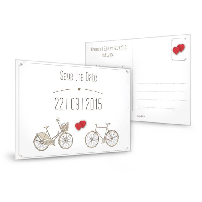 Save the Date Karte zur Hochzeit mit Fahrrad Motiv und Herz