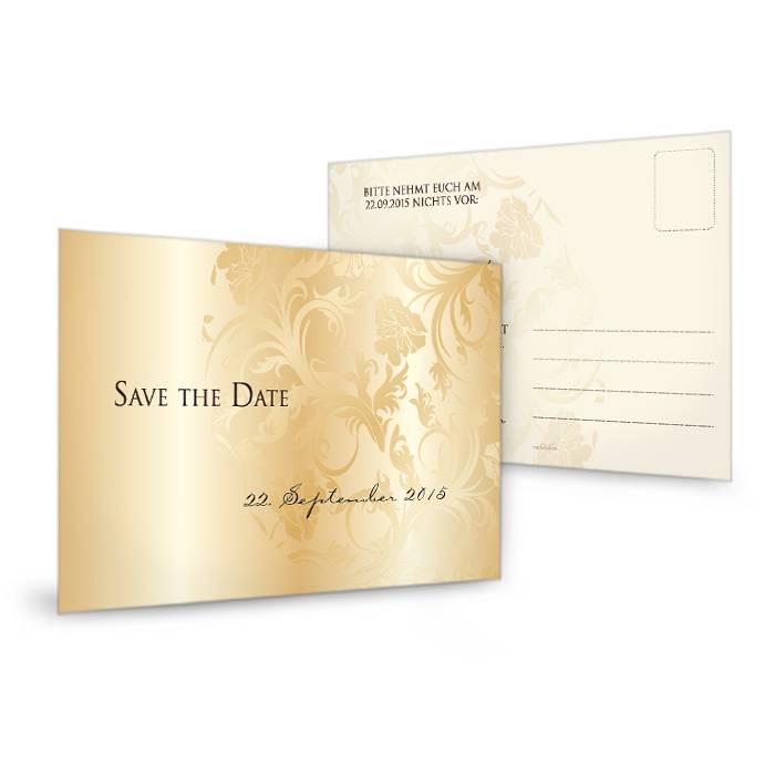 Save the Date Karte zur Hochzeit in Gold mit floralem Muster