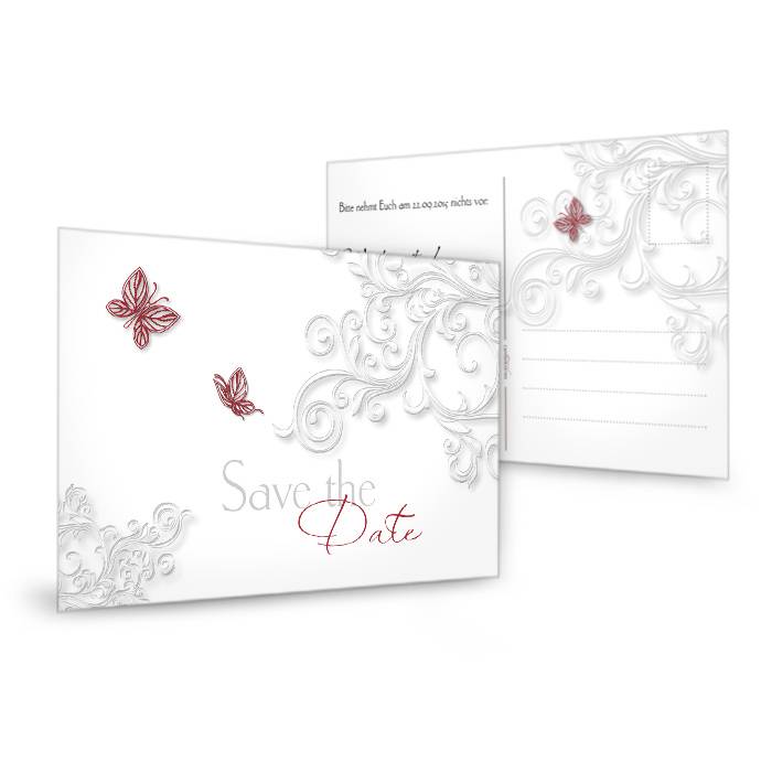Save the Date Karte zur Hochzeit mit roten Schmetterlingen