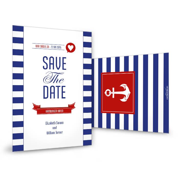 Maritime Save the Date Karte zur Hochzeit im Streifendesign