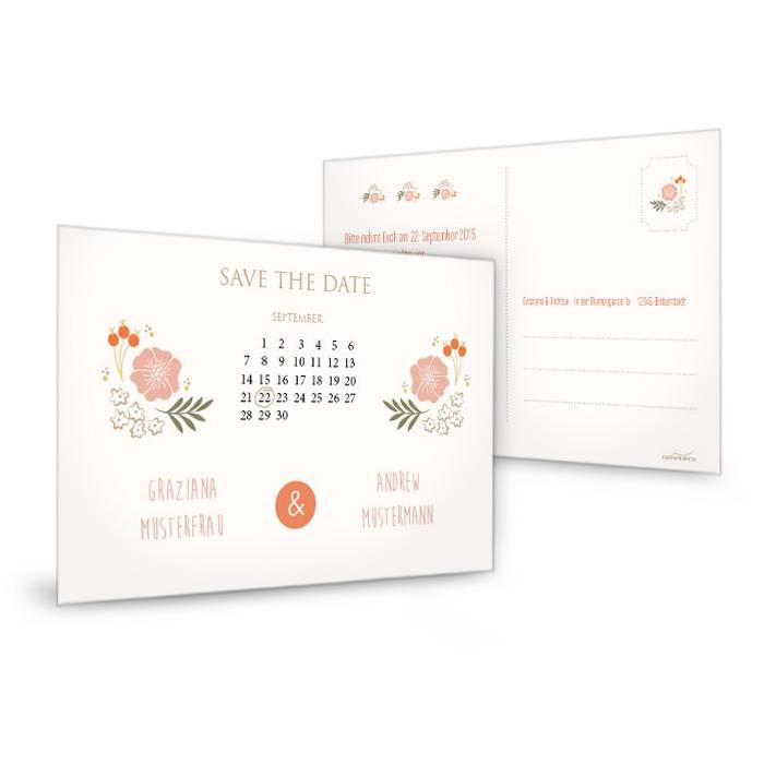 Save the Date Karte in Creme mit Kalenderblatt und Blüten