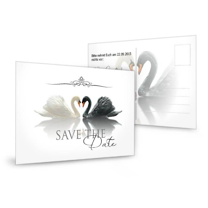 Romantische Save the Date Karte zur Hochzeit mit Schwänen
