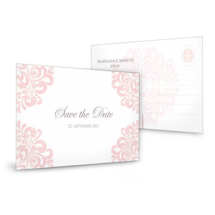 Elegante Save-the-Date-Karte mit barocken Muster in Rosa