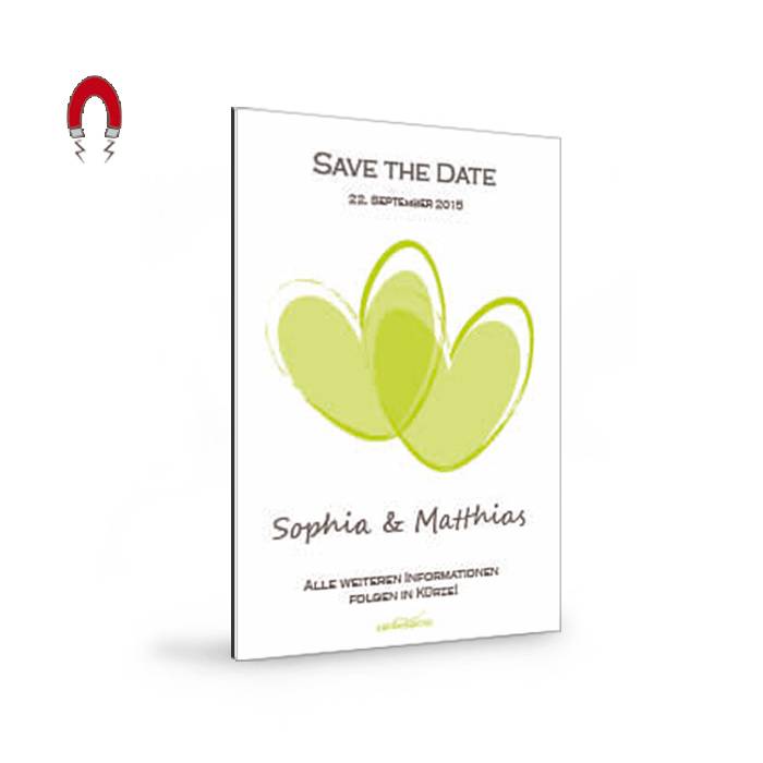 Save the Date Karten als Magnet mit großen Herzen in Grün