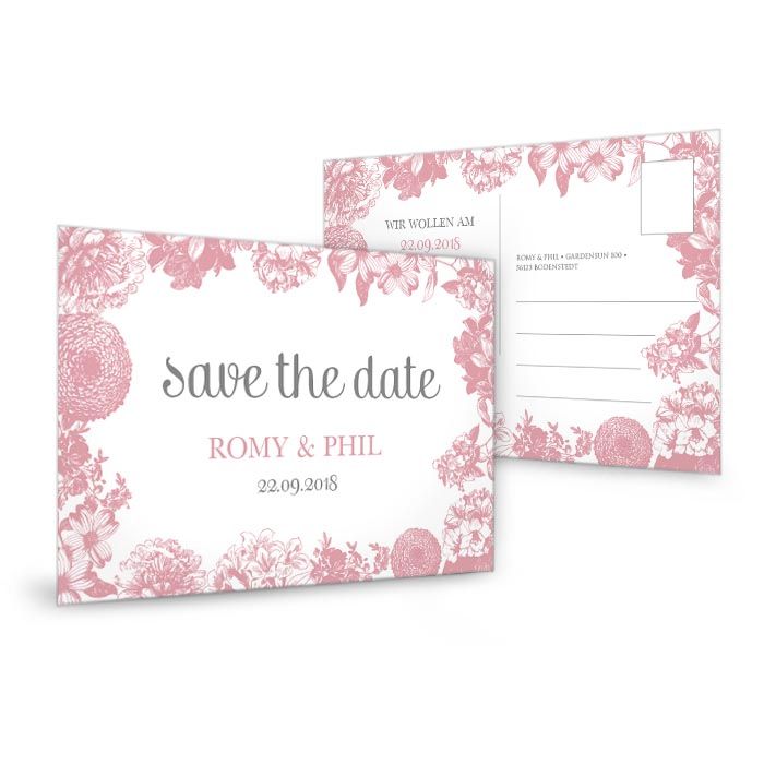 Save the Date Karte zur Hochzeit in Rosa und Weiß mit Blumen