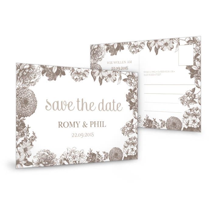 Save the Date Karte zur Hochzeit in Braun Weiß mit Blumen