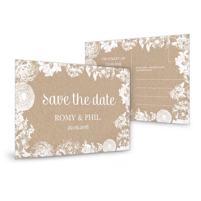 Save the Date Karte zur Hochzeit im Kraftpapierstil mit Blumen