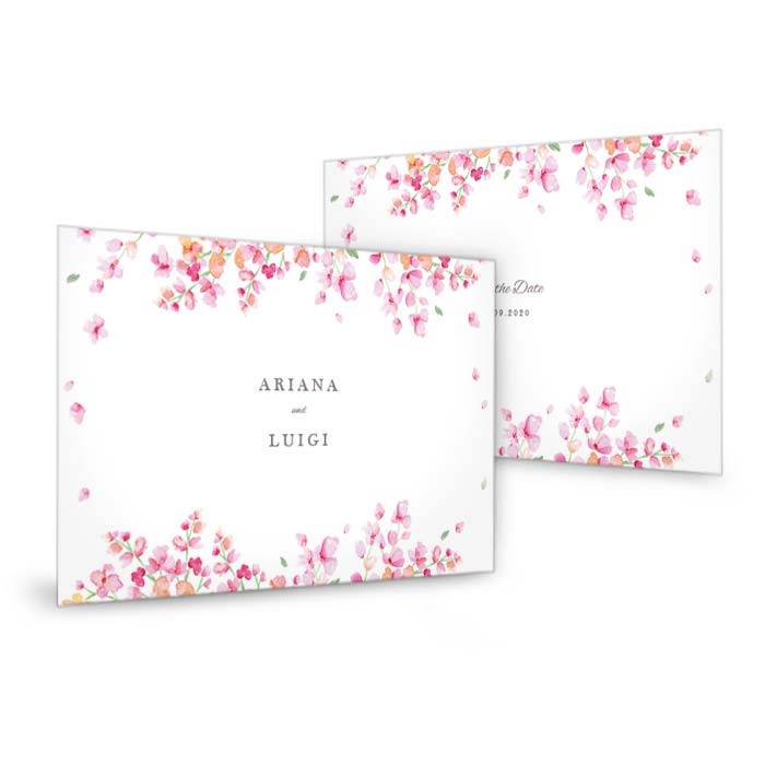 Save the Date Postkarte mit rosafarbenen Blüten in Watercolor
