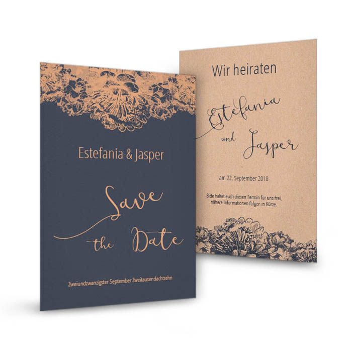 Save the Date Karte in Dunkelblau mit Blumen in Kupfer