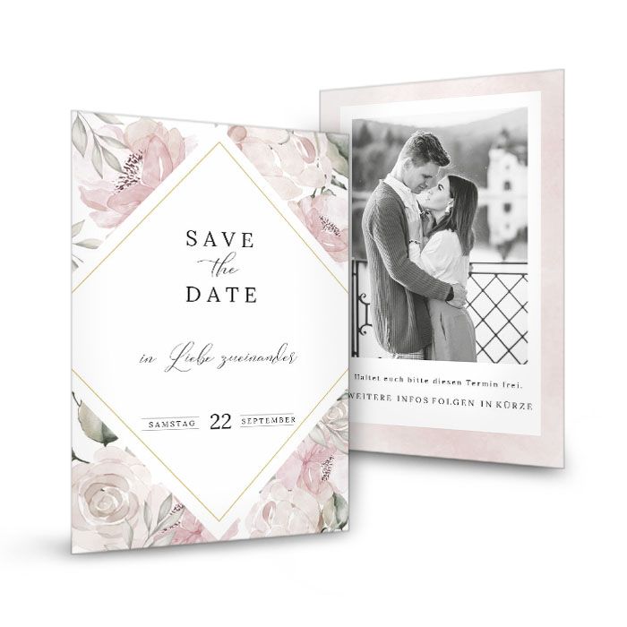 Save the Date Karte zur Hochzeit mit Aquarellrosen in Rosa