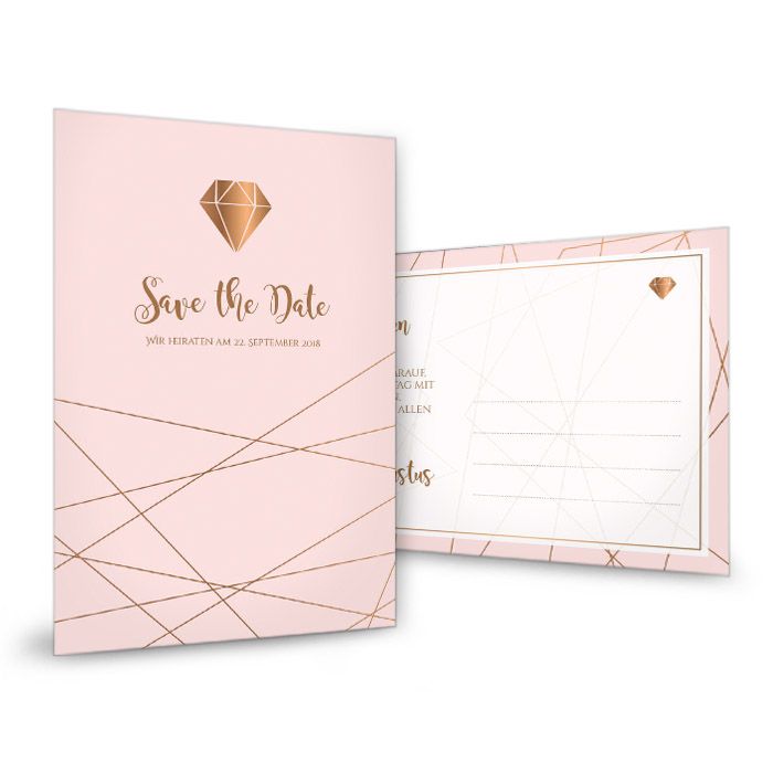 Save the Date Karte zur Hochzeit in Rosa mit Diamant Emblem