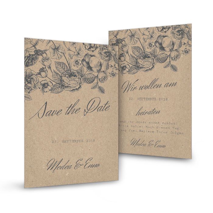 Romantische Save-the-Date mit Blumen im Kraftpapieroptik