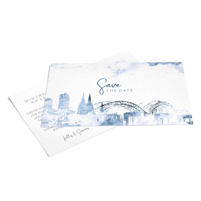 Save-the-Date-Postkarte mit Skylinedesign von Köln