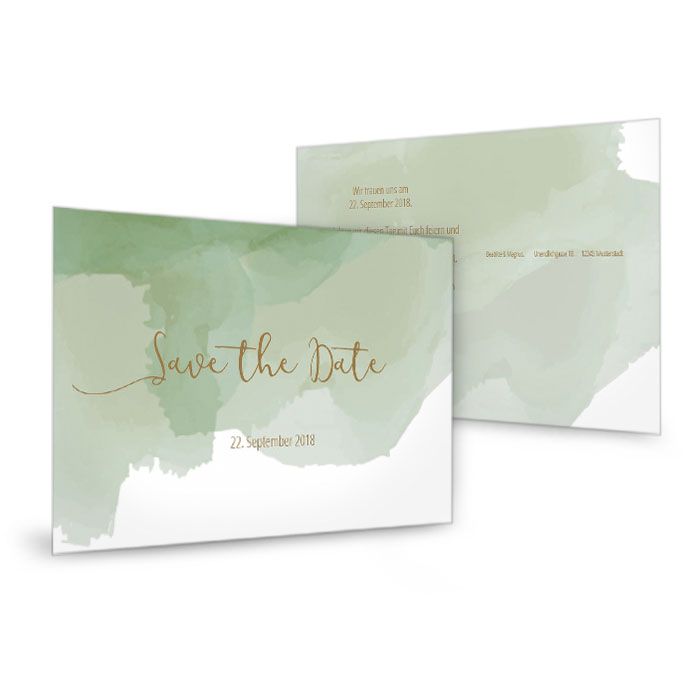 Save the Date Karte mit grünem Aquarelldesign und Kalligraphie