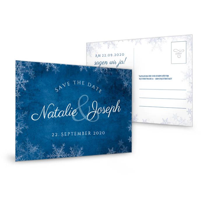 Save-the-Date Postkarte zur Winterhochzeit in Nachtblau