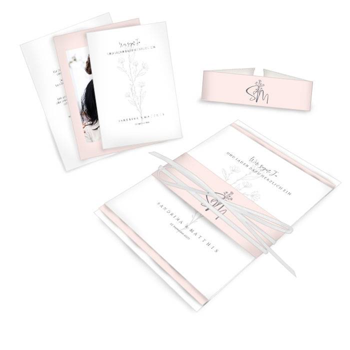 Schlicht elegantes Kartenset mit Initialen und Blume in rose