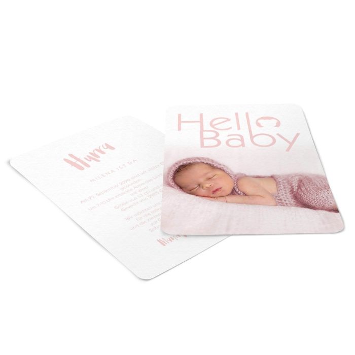 Schlichte Karte zur Geburt mit Hello Baby Schriftzug in Rosa