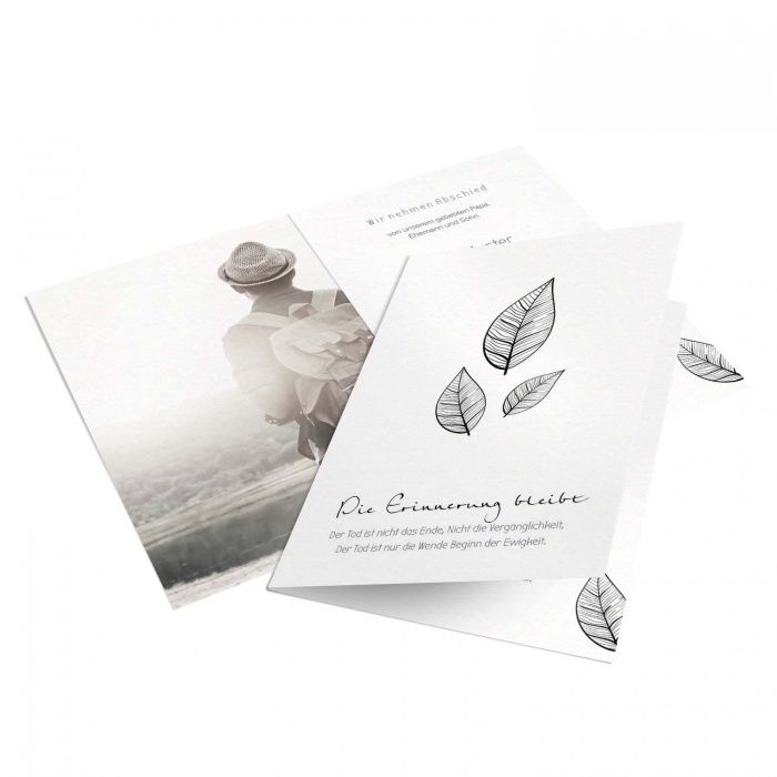 Schlichte Trauerkarte mit gezeichenten Blättern mit Foto