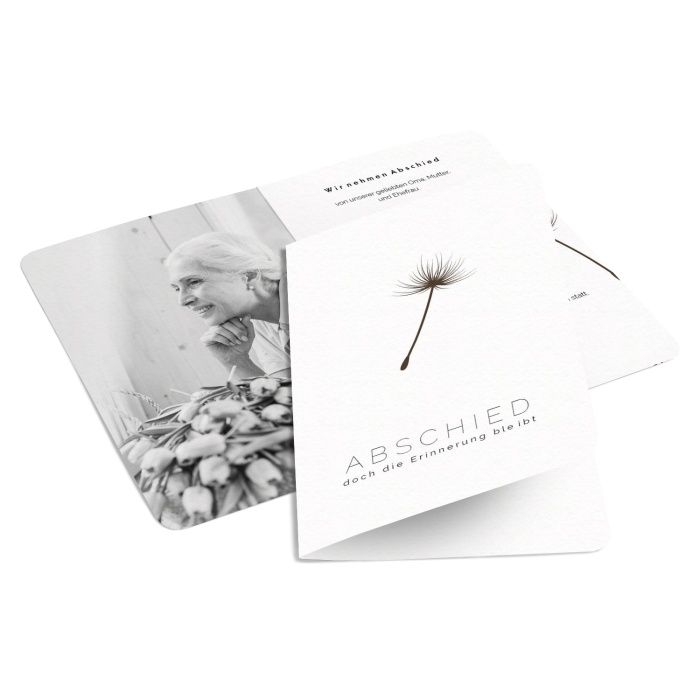 Schlichte Trauerkarte mit Pusteblumenkelch und Foto