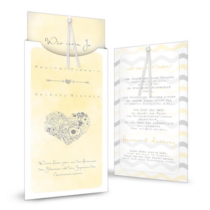 Hochzeitseinladung als Einsteckkarte im gelben Watercolorstil