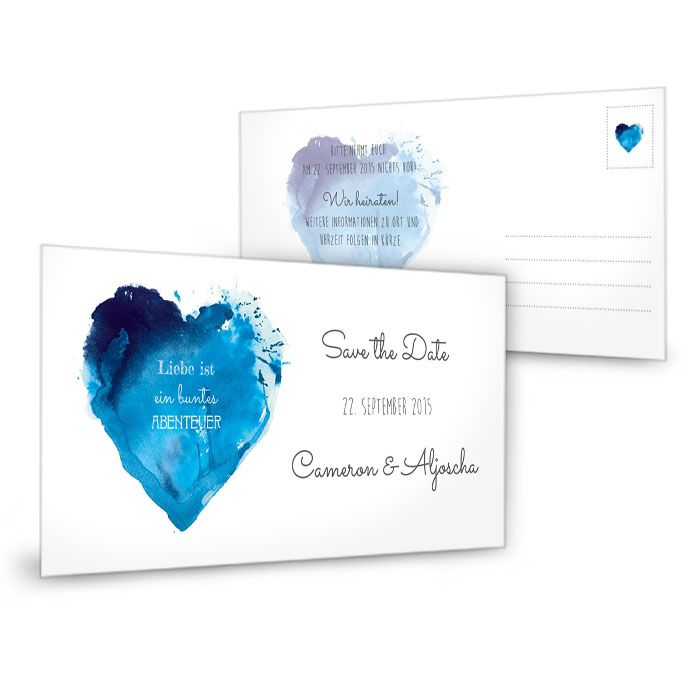 Save the Date Karten mit Watercolor Herz in Blau und Weiß