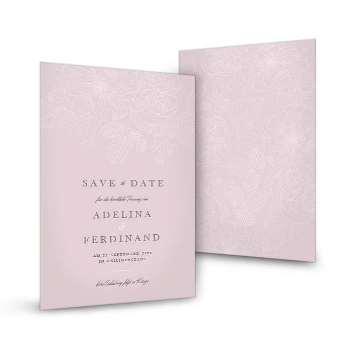 Save the Date Karte mit zarten Blumen auf rosa Hintergrund