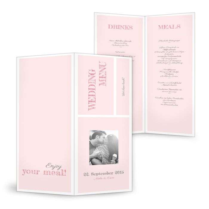 Moderne Menükarte in Rosa mit pinker Schrift und Foto